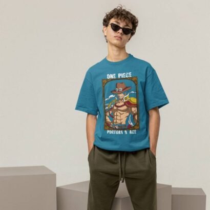 Portgas D. Ace Oversized Graphic T-Shirt-Cyan