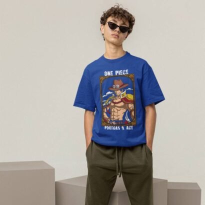 Portgas D. Ace Oversized Graphic T-Shirt-Royal blue