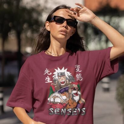 Senseis Anime Graphic Oversized T-Shirt -maroon