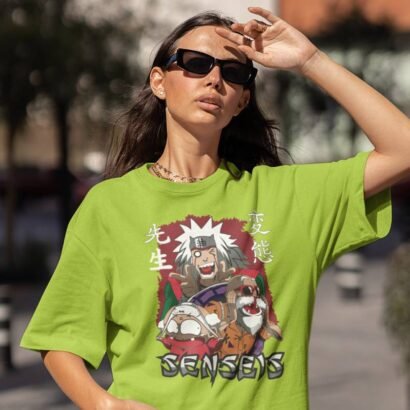Senseis Anime Graphic Oversized T-Shirt -parrot Green